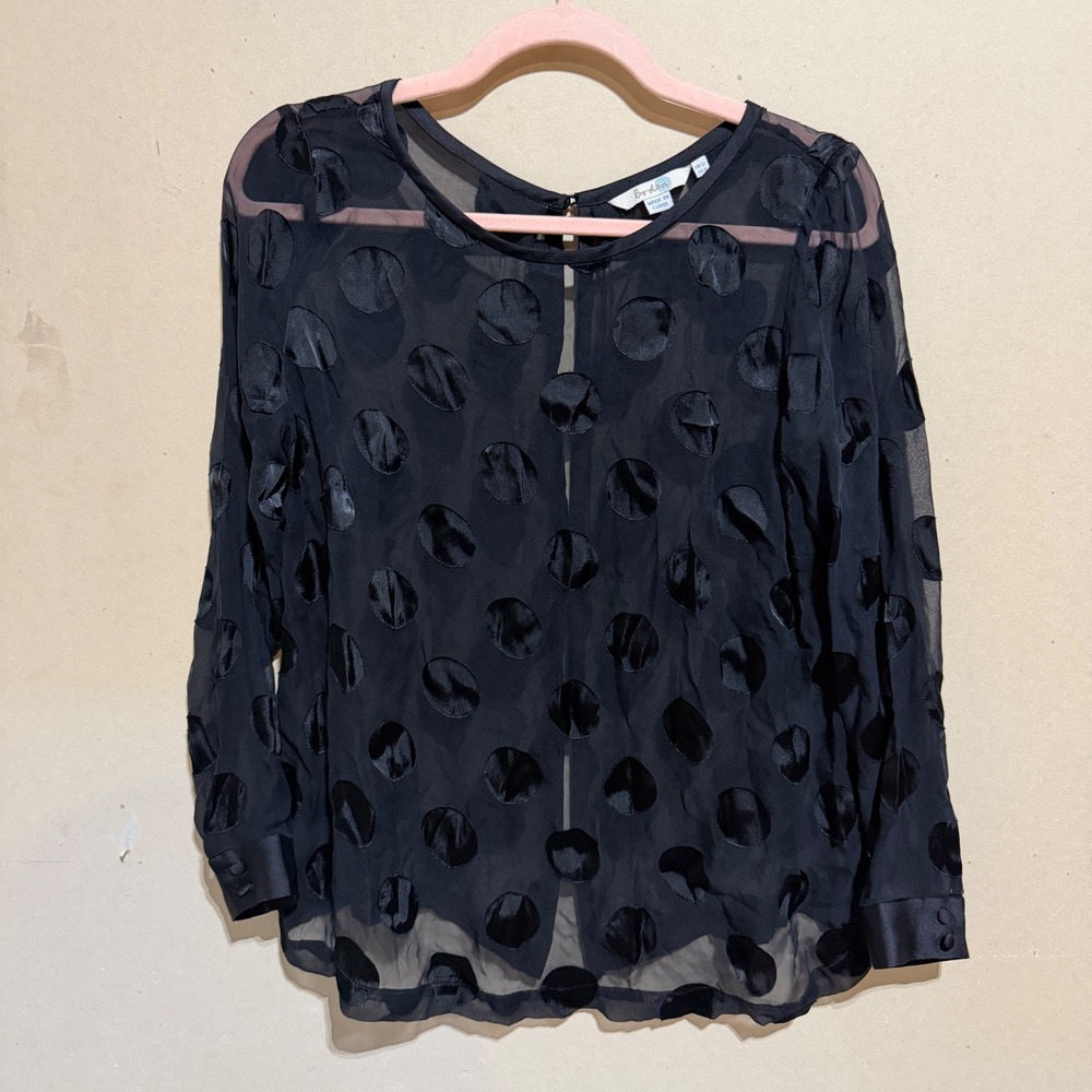 Boden Black Sheer Polka Dot Devore Back Button Blouse Top US 8 UK 12